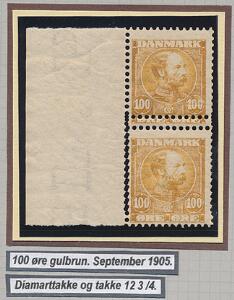 1905. Chr. IX, 100 øre gulbrun. Lodret parstykke med DIAMANTTAKNING