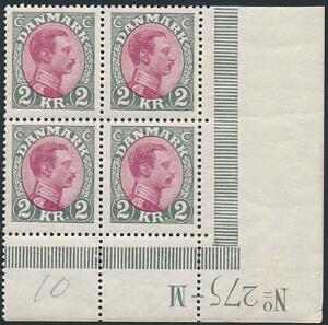 1925. Chr. X, 2 kr.grårødlilla. Flot postfrisk fireblok