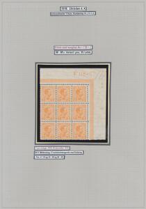 1918. Chr. X, 7 øre, orange. Perfekt postfrisk 9-blok med fuldt øvre hjørnemarginal 118-C. Pos. 30 med variant Hage på E. LUX-kvalitet. Attest Nielsen