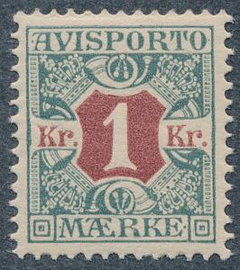 1907. 1 kr. blågrønrødbrun. Perfekt centreret postfriskt mærke. AFA 1000