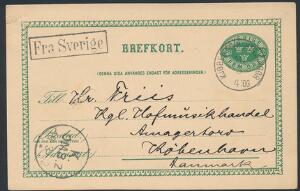 1892. Helsagskort, 5 öre, grøn annulleret med KJØBENHAVN-HELSINGØR 18.3 og rammestempel FRA SVERIGE