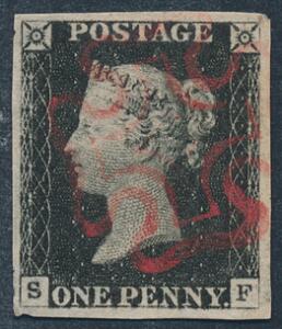 England. 1840. One penny, black. S-F. Et meget smukt eksemplar med meget brede rande, og velplaceret rødt Maltese Kors stempel. PRAGT-mærke.
