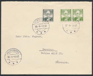 1938. Chr.X, 1 øre, grønsort og parstykke 7 øre, gulgrøn på korrekt frankeret brev fra HOLSTEINSBORG 16.4.1939 til Danmark