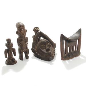 Afrikansk maske, to figurer og hovedstøtte af udskåret træ. 20. årh. H. 20-35. 4