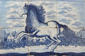 Galoperende hest  -  6 kalker af fajance, dekoreret i underglasur blå. Delft 18. årh. 26 x 36 cm.