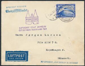 Tysk Rige. 1930. 2 RM. Zeppelin Südamerikafahrt, blå. Zeppelin-brev sendt til Danmark.
