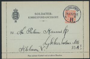 HELSAG. 10 øre soldater-korrespondancekort stemplet FELTPOSTKONTOR 24.2.15 og sendt til København. Flot kort.