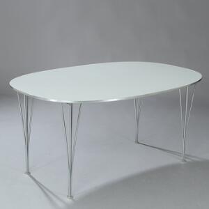 Bruno Mathsson, Piet Hein Superellipse. Spisebord med top af lys grå laminat, opsat på klemben af forkromet stål.