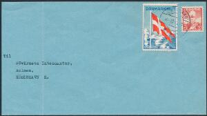 1948. 20 øre, Chr.X, rød. Single på brev til Danmark med DANMARKIMUT mærket, stemplet GODTHAAB 16.10.48. På bagsiden violet liniestempel med krone Marinakomm