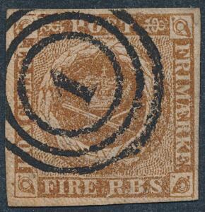 1854. 4 RBS Thiele III, nøddebrun. Smukt mærke med pænt nr.stempel 1. AFA 2700. Attest Møller.