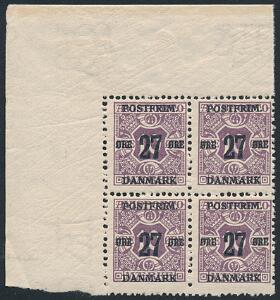 1918. 2710 øre, lilla, vm. III. Postfrisk øvre MARGINAL 4-BLOK med variant FØRSTE O I AVISPORTO DEFEKT. AFA 5600