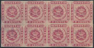 1866. 3 cents, karmin. Plade II. Pos.65-6875-78, flot postfrisk 8-BLOK.
