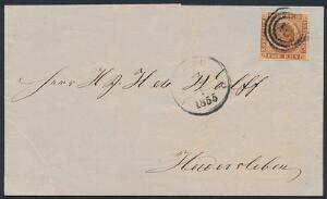 1854. 4 RBS Thiele III, kastaniebrun. Smukt brev fra FLENSBORG 15.1.1855, sendt til Hadersleben. Attest Kaiser.