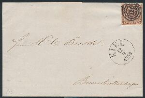 1853. 4 RBS Thiele II, sortbrun. Bredrandet mærke på smukt brev fra KIEL 12.9.1853 til Brunsbüttelhafen.
