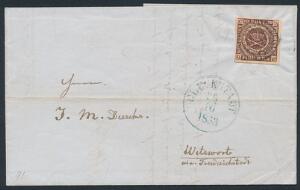 1853. 4 RBS Thiele II, sortbrun. bredrandet mærke på brev md nr.stempl 116 og sidestempel GLÜCKSTADT 26.10.1853.