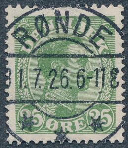 1925. Chr. X, 25 øre grøn. Med helt perfekt LUXUS-stempel RØNDE 31.7.26. Udtalelse Nielsen LUXUSEKSEMPLAR.