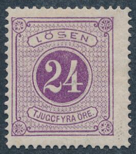 1874. 24 Öre, violet. Tk.14. Variant KORT FODSTREG PÅ L. Facit L7v 750