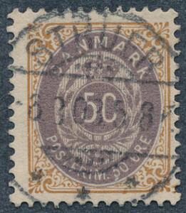 1895. 50 øre, brunlilla, tk.12. PRAGT-stempel STRUER 6.3.03.