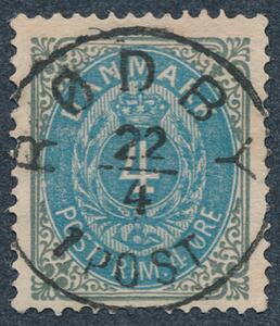 1875. 4 øre, gråblå. Tk.14. LUXUS-stempel RØDBY 22.4.