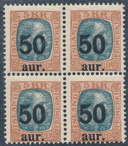 1925. Provisorium. 50 aur5 kr. rødbrungrå. Postfrisk 4-BLOK. Facit 6000