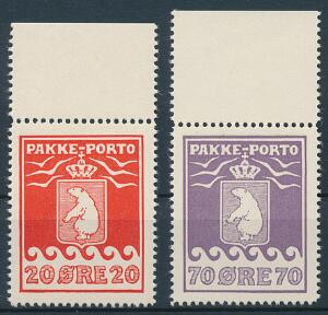 1937. Schultz. 20 øre, rød og 70 øre, violet. 2 pæne postfriske mærker. AFA 1050