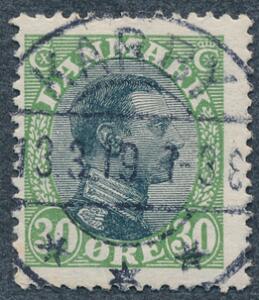 1918. Chr. X, 30 øre, grønsort. PRAGT-stempåel KARBY 13.3.19.