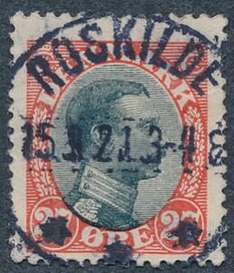 1918. Chr. X, 27 øre, rødsort. PRAGT-stempel ROSKILDE 15.3.21.