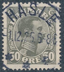 1921. Chr. X, 50 øre olivgrå. PRAGT-stempel HASLE 1.12.25.