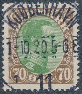 1918. Chr. X, 70 øre, brungrøn. LUXUS-stempel KJØBENHAVN 1.10.20.