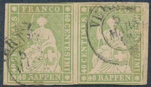 Schweiz. 1854. 40 Rp. grøn. Fint parstykke.