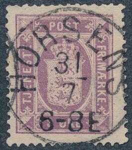 1875. 3 øre, lilla. Tk.14. PRAGT-mærke med retvendt stempel HORSENS 31.7. samt usædvanligt farvefrisk. Et svært mærke i denne kvalitet