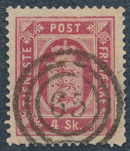 1871. 4 skilling, rød. Tk.14. PRAGT-mærke med retvendt nr.stempel 65.