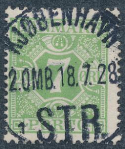 1927. 7 øre, gulgrøn. Retvendt PRAGT-stempel KJØBENHAVN 18.7.28. Et svært mærke i denne kvalitet.