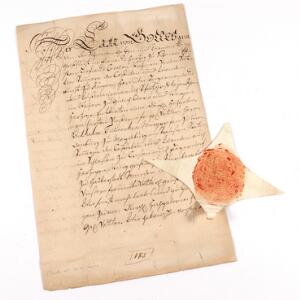 1703. Brev med fuldt indhold og signatur fra KONG KARL XII gegeben in Unserem Hauptquartier bey THORN 7. Junii 1703. Sendt til Grev Wilhelm af Brandenburg. me
