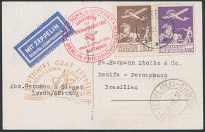 1925-1929. Gl. Luftpost, 15 øre, violet og 1 kr. brun på brevkort fra BRØNSHØJ 14.4.32 til Brasilien. Pragtkvalitet