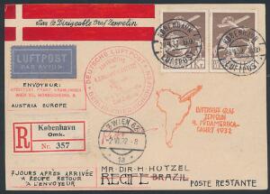 1929. Gl. luftpost 1 kr. brun. Parstykke på REC-postkort fra København 28.4.32 til Brasilien. Talrige dekorative stempler. Meget smuk forsendelse