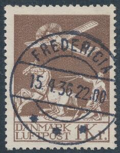 1929. Gl. luftpost 1 kr. brun. Pragtstemplet FREDERICIA 15.4.36