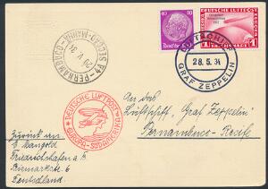 Tysk Rige. 1933. 1 RM, Zeppelin Chicagofahrt, rød samt 40 Pf. Hindenburg, rødlilla, på smuk ZEPPELIN-forsendelse.