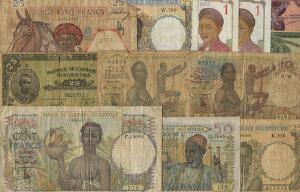 Fransk Vestafrika  Indokina, lille lot sedler, i alt 12 stk.