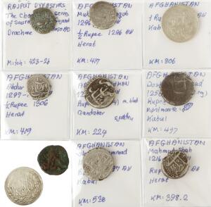 Afghanistan, lille samling af ældre 12 og 1 Rupee mønter fra bl.a. Herat og Kabul, i alt 10 stk. i varierende kvalitet med hovedparten beskrevet efter KM