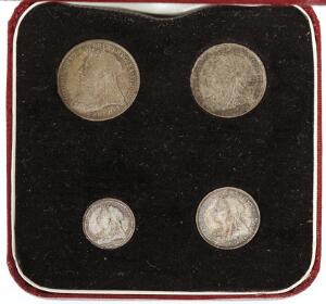 England, Victoria, Maundy Set 1894, 4, 3, 2, 1 Pence i sølv i original æske