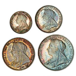 England, Victoria, Maundy Set 1900, 4, 3, 2, 1 Pence i sølv