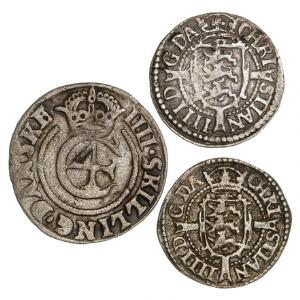 Christian IV, 2 skilling 1624, 1627, H 134A, kval. 1-1 og 1 samt 4 skilling 1644, H 150, kval. 1, i alt 3 stk.