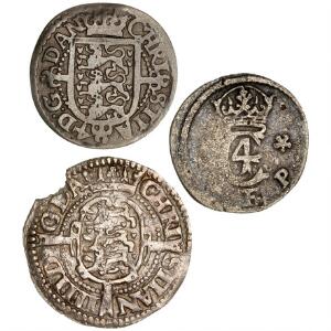 Christian IV, 2 skilling 1618, H 79D, kval. 1, 4 skilling 1616, H 100A, kval. 1, kantmangel og 12 skilling 1624, H 132, kval. 1