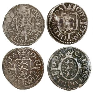 Christian IV, 2 skilling 1625, 1626, 1629, H 134A, B, 2 skilling 1648, H 151B, i alt 4 stk. i varierende kvalitet