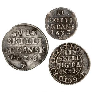 Christian IV, 2 skilling 1625, H 134A, kval. 1, 2 skilling 1632, H 143, kval. 1-1, 6 skilling 1628, H 139A, kval. 1, i alt 3 stk.