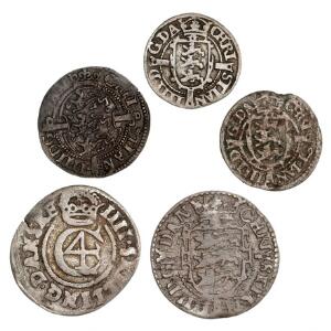 Christian IV, diverse mønter, bl.a. 1 skilling 1611, H 80C, 2 skilling 1609, H 79A, 2 skilling 1625, H 134A, i alt 5 stk. i varierende kvalitet