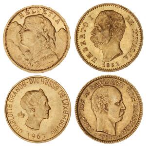 Grækenland, Italien, Luxemburg, Schweiz, lille lot guldmønter, i alt 4 stk.
