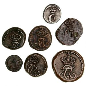 Trankebar, samling af kas og royalin mønter fra Frederik IV til Christian VIII, i alt 7 stk. i varierende kvalitet