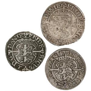 Frederik II, 1skilling 1563, H 12 2 stk., 2 skilling 1562, H 11, i alt 3 stk. i kval. 1, 1 og 1
